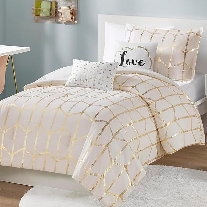 Intelligent Design Raina Twin / Twin XL Comforter Set, Soft Microfiber Comforter Set Twin, Modern Geometric Metallic Bed Set, 4 Pieces College Bedding Comforter Set with 1 Sham, 2 Toss Pillows Ivory - LeafyLoom