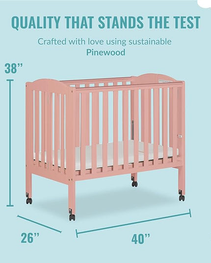 2-in-1 Portable Folding Stationary Side Crib in Dusty Pink, Greenguard Gold Certified, Two Adjustable Mattress Height Positions,Made of Solid Pinewood, Flat Folding Crib - LeafyLoom