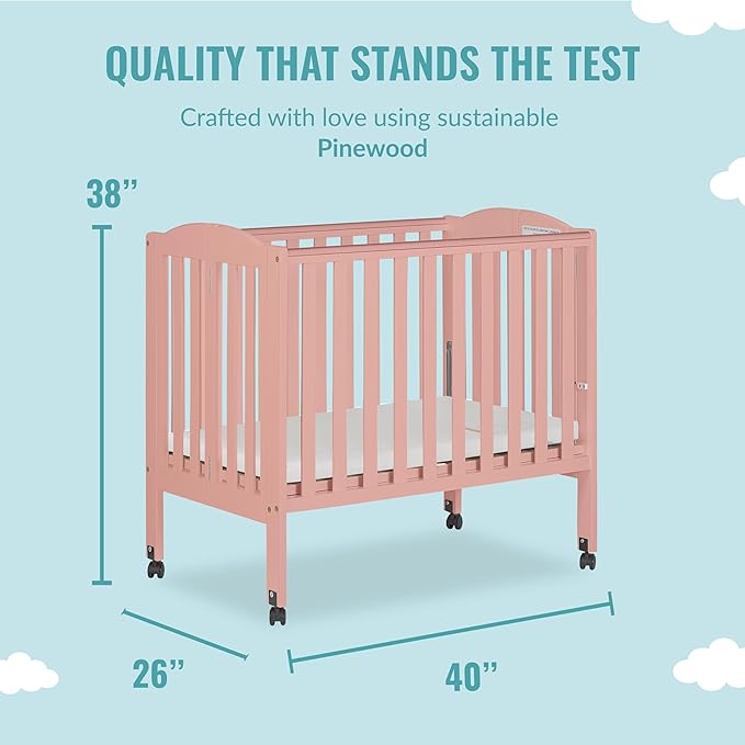 2-in-1 Portable Folding Stationary Side Crib in Dusty Pink, Greenguard Gold Certified, Two Adjustable Mattress Height Positions,Made of Solid Pinewood, Flat Folding Crib - LeafyLoom