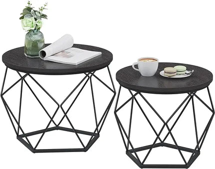 VASAGLE Small Coffee Table Set of 2, Round Coffee Table with Steel Frame, Side End Table for Living Room, Bedroom, Office, Charcoal Gray and Ink Black - LeafyLoom