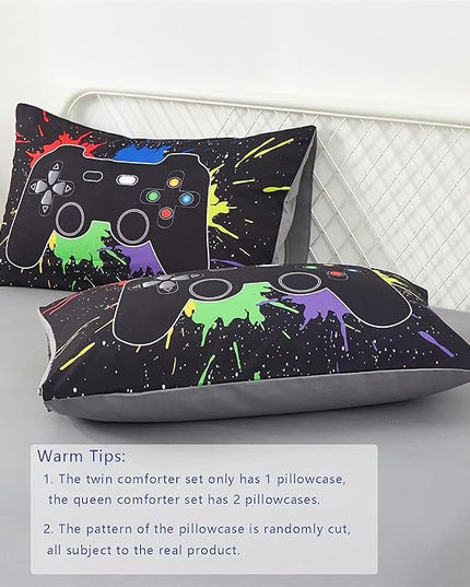 KAKKI 5 Piece Boys Full Gamer Comforter Set with Sheets, 3D Colorful Video Game Controller Comforter for Kids Teen, All Season Soft Microfiber Gaming Bedding Set(Black,Full) - LeafyLoom