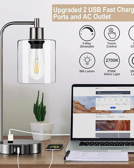 Industrial Touch Control Table Lamps Set of 2 - Black Nickel Bedside Lamps with 2 USB Ports & AC Outlet, 3-Way Dimmable Nightstand Desk Lamp for Bedroom Living Room, Glass Shade & 2 LED Bulbs Included - LeafyLoom