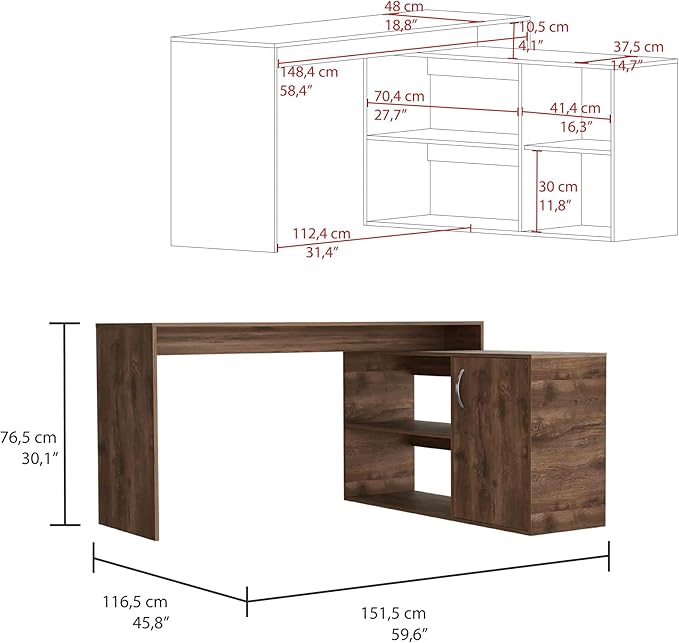 NicBex Kimberly-DW-00002-LWJ Home Office Desks, 59.6"x45.9"x30.1", Brown - LeafyLoom