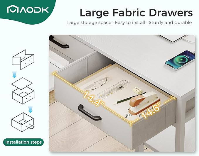AODK 48 Inch Computer Desk with Fabric Drawers & Power Outlets, Office Desk with Storage Shelves & CPU Stand, Writing Study Table, Small Desk for Bedroom, White - LeafyLoom