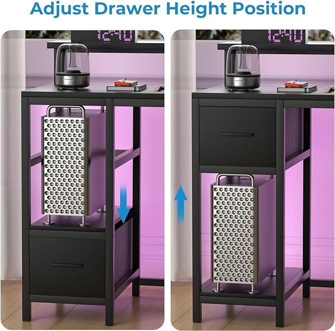 GreenForest Computer Desk with Drawers 47 inch,Gaming Desk with LED Lights & Power Outlets Small Desk with Monitor Stand and Reversible Shelf,Black - LeafyLoom