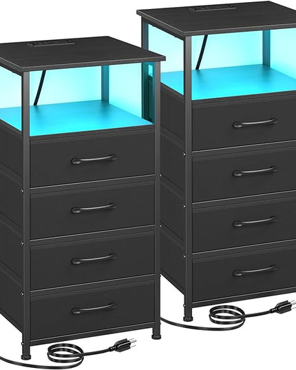 Nightstands Set of 2, Large End Tables Living Room, Bed Side Tables with Charging Station, 30" Tall Night Stand with 4 Fabric Drawers and LED Light Strip for Bedroom FBAHNS014BK - LeafyLoom
