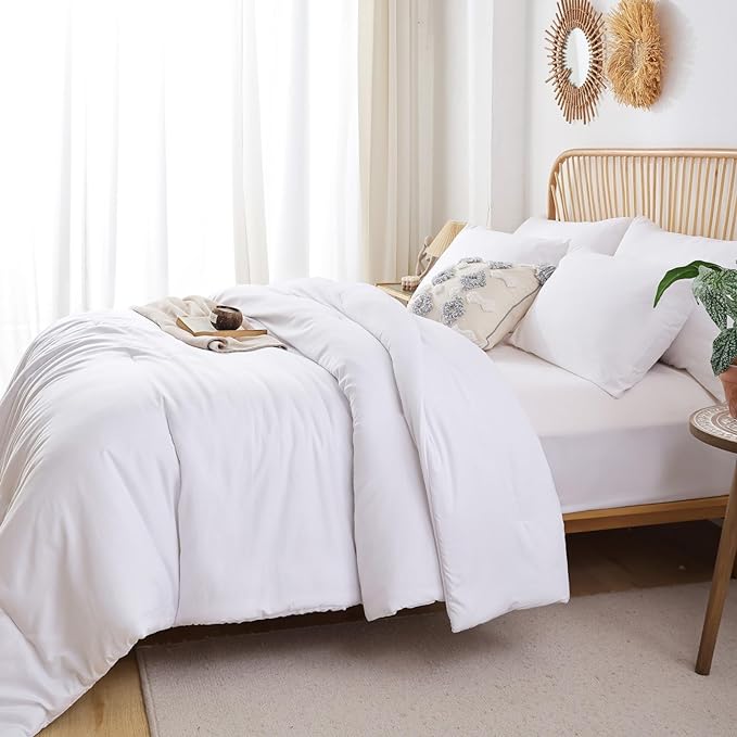 ROSGONIA King Size Comforter Set White, 3pcs(1 Boho White Comforter King & 2 Pillowcases) All Season Bedding Lightweight Hotel Bedspread Blanket - LeafyLoom