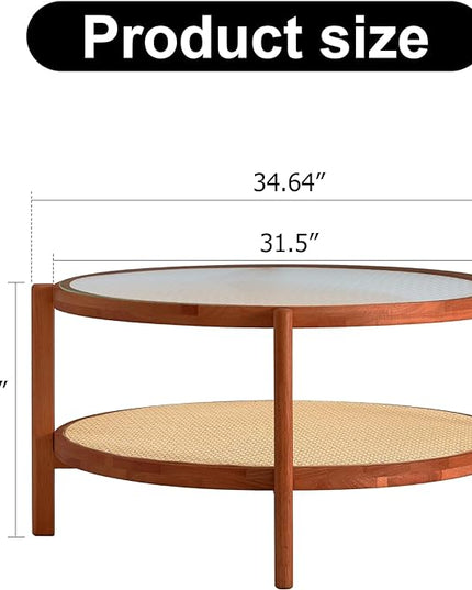 NicBex Dining Table Round Kitchen Table Contemporary Modern Minimalist Circular Double-Layer Solid Wood Coffee Table, Craft Glass Tabletop, Rattan, Solid Wood Frame, Walnut - LeafyLoom