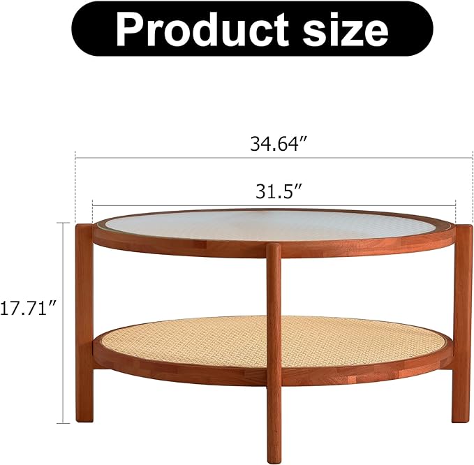 NicBex Dining Table Round Kitchen Table Contemporary Modern Minimalist Circular Double-Layer Solid Wood Coffee Table, Craft Glass Tabletop, Rattan, Solid Wood Frame, Walnut - LeafyLoom
