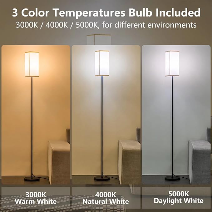 Floor Lamp, Corner Standing Lamp with Linen Lampshade, 3 Color Temperatures, Pole Lamp for Living Room Bedroom Office, Office Lamps for Work, 9W LED Bulb Included - LeafyLoom