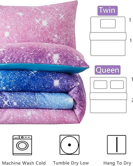 Purple Glitter Comforter Set Full/Queen Size for Girls, Sparkle Galaxy Twinkle for Kids Teen,3 Piece Blue Purple Pink Ombre Pastel Bedding Set 2 Pillow Cases(Purple,Queen),(3-Piece) - LeafyLoom