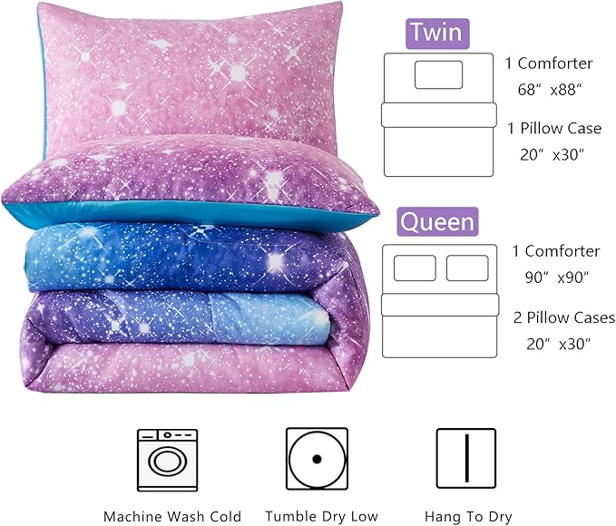 Purple Glitter Comforter Set Full/Queen Size for Girls, Sparkle Galaxy Twinkle for Kids Teen,3 Piece Blue Purple Pink Ombre Pastel Bedding Set 2 Pillow Cases(Purple,Queen),(3-Piece) - LeafyLoom