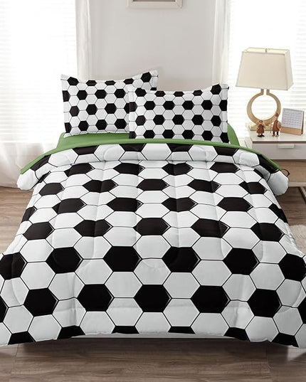 Soccer Comforter Set Twin for Boys Girls, 4 Pieces Soccer Bedding Twin Bed in a Bag Set with Sheets, Black and White Bed Sets for Teenage - LeafyLoom