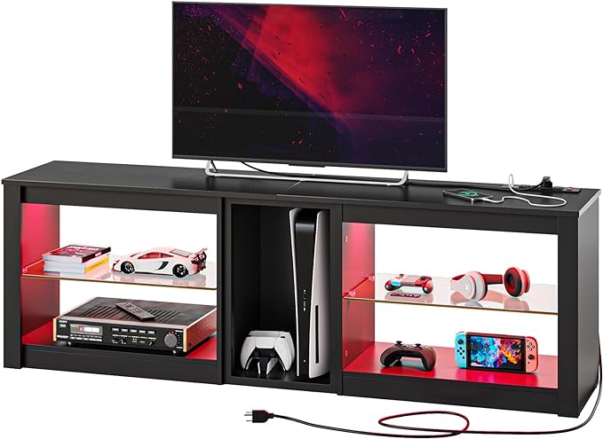Bestier TV Stand for 70 inch TV with Power Outlets, LED Entertainment Center for PS5, Gaming TV Consoles with Glass Shelves for Living Room, 63'' Inch, Black Carbon Fiber - LeafyLoom