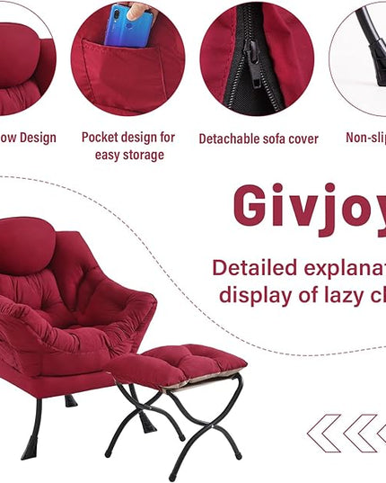 Lazy Chair and Ottoman, Large Accent Lounge Chair with Armrests and a Side Pocket, Modern Leisure Upholstered Sofa Reading Armchair with Footrest for Bedroom, Living Room, Dorm Rooms, Office - LeafyLoom