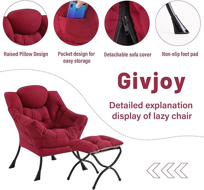 Lazy Chair and Ottoman, Large Accent Lounge Chair with Armrests and a Side Pocket, Modern Leisure Upholstered Sofa Reading Armchair with Footrest for Bedroom, Living Room, Dorm Rooms, Office - LeafyLoom