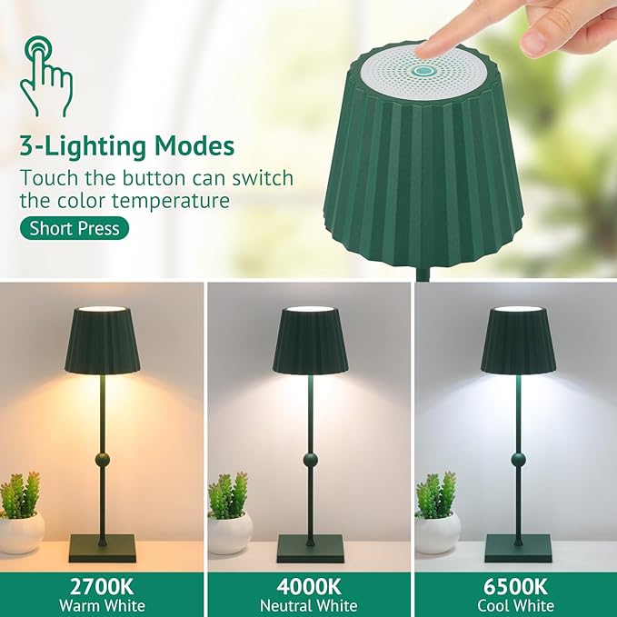 GGOYING Cordless Table Lamp,5200mAh Rechargeable Battery LED Lamp with 3 Color Stepless Dimmable, Modern Portable LED Desk Lamp Night Light(Hunter Green) - LeafyLoom