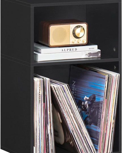 YAHARBO 2 Cube Bookshelf, Black Record Player Stand with Vinyl Storage Up to 100 Albums, Horizontal Book Shelf, Small Cubby Bookcase with Storage Organizer, Turntable Stand for Living Room, Bedroom - LeafyLoom