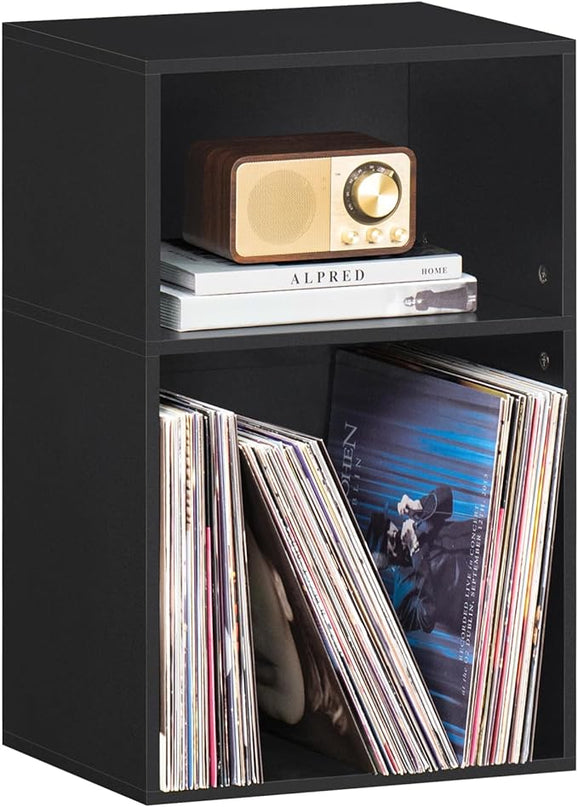 YAHARBO 2 Cube Bookshelf, Black Record Player Stand with Vinyl Storage Up to 100 Albums, Horizontal Book Shelf, Small Cubby Bookcase with Storage Organizer, Turntable Stand for Living Room, Bedroom - LeafyLoom