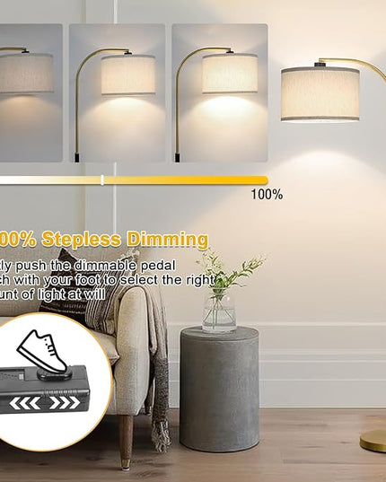 Dimmable Floor Lamp for Living Room, Arc Floor Lamps with Adjustable Drum Shade Pedal Switch, Black and Gold Tall Standing Lamp with 9W LED Bulb, Modern Reading Light Pole Lamp for Bedroom, Office - LeafyLoom