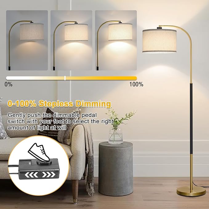 Dimmable Floor Lamp for Living Room, Arc Floor Lamps with Adjustable Drum Shade Pedal Switch, Black and Gold Tall Standing Lamp with 9W LED Bulb, Modern Reading Light Pole Lamp for Bedroom, Office - LeafyLoom