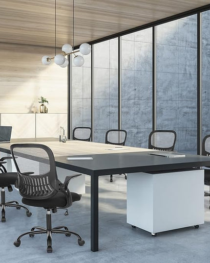 Sweetcrispy Office Computer Desk Chair, Ergonomic Mid-Back Mesh Rolling Work Swivel Task Chairs with Wheels, Comfortable Lumbar Support, Comfy Flip-up Arms for Home, Bedroom, Study, Student, Black - LeafyLoom