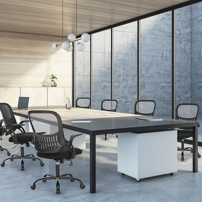 Sweetcrispy Office Computer Desk Chair, Ergonomic Mid-Back Mesh Rolling Work Swivel Task Chairs with Wheels, Comfortable Lumbar Support, Comfy Flip-up Arms for Home, Bedroom, Study, Student, Black - LeafyLoom