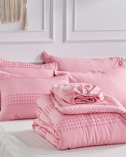 ENJOHOS Queen Comforter Set 7 Piece - Pink Comforters Queen Size, Queen Bed in a Bag Set, Boho Tufted Bedding Comforter Set with Pom Pom Design, Lightweight Soft Microfiber Comforter Bed Set - LeafyLoom