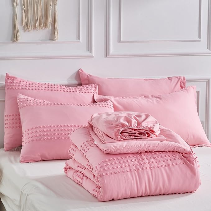 ENJOHOS Queen Comforter Set 7 Piece - Pink Comforters Queen Size, Queen Bed in a Bag Set, Boho Tufted Bedding Comforter Set with Pom Pom Design, Lightweight Soft Microfiber Comforter Bed Set - LeafyLoom