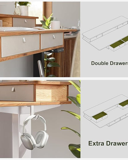 BANTI Height Adjustable Electric Standing Desk with 4 Drawers, 55 x 24 Inch Table with Storage Shelf, Sit Stand Desk, Light Rustic Brown Top - LeafyLoom