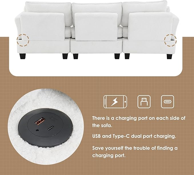 92" Modern Teddy Velvet Sectional Sofa with Charging Ports on Each Side,L-Shaped Couch with Removable Storage Ottoman,for Living Room,Apartment,Bedroom,Offices,Beige - LeafyLoom