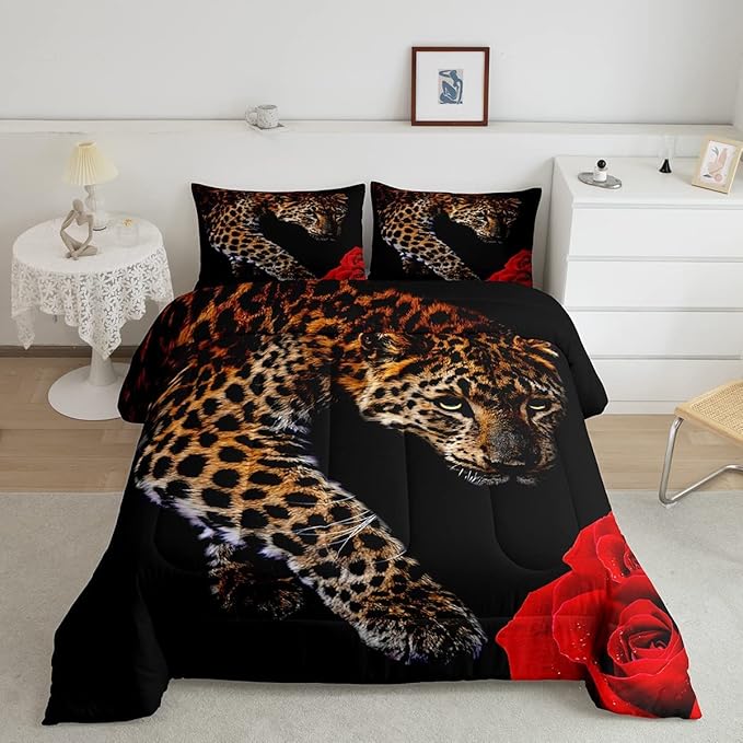 Erosebridal Leopard Comforter Set King Size,Red Rose Cheetah Bedding Set,Cat Leopard Print Down Comforter, Romantic Floral Quilted Duvet, Safari Animal Quilt Set, Stylish Bedroom Decor, Black - LeafyLoom