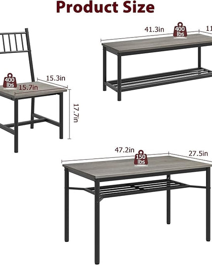 IDEALHOUSE Dining Table Set for 4, Kitchen Table and Chairs for 4 with Storage Bench, Rectangular Kitchen Table Set with Wine Rack, Dining Room Table Set for Small Space, Apartment, Retro Grey - LeafyLoom