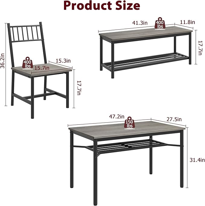 IDEALHOUSE Dining Table Set for 4, Kitchen Table and Chairs for 4 with Storage Bench, Rectangular Kitchen Table Set with Wine Rack, Dining Room Table Set for Small Space, Apartment, Retro Grey - LeafyLoom
