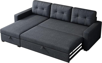 L-Shape Upholstered Sectional Sofa with Storage Chaise & Pull,Convertible Couch W/ 3 Back Cushions,Reversible Sleeper for Living Room Office Apartment, Gray, 81.5", Dark Gray1 - LeafyLoom