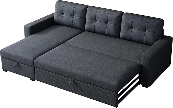 L-Shape Upholstered Sectional Sofa with Storage Chaise & Pull,Convertible Couch W/ 3 Back Cushions,Reversible Sleeper for Living Room Office Apartment, Gray, 81.5", Dark Gray1 - LeafyLoom
