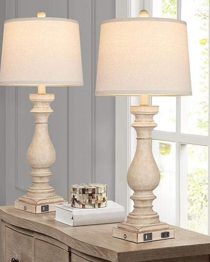 29" Tall Table Lamp for living room set of 2,Vintage Bedside Nightstand Lamps with USB C+A Ports & AC Outlet,3-Way Dimmable Touch Control White Washed Finish Desk Lamp for Bedroom,Color 1 - LeafyLoom