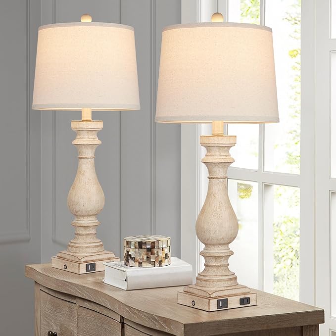 29" Tall Table Lamp for living room set of 2,Vintage Bedside Nightstand Lamps with USB C+A Ports & AC Outlet,3-Way Dimmable Touch Control White Washed Finish Desk Lamp for Bedroom,Color 1 - LeafyLoom