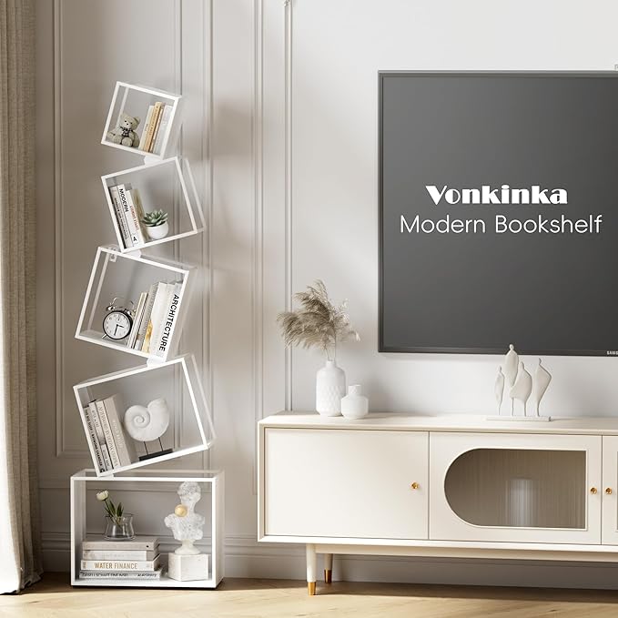 Bookshelf, Book Shelf, 5 Tier Bookshelf, White Bookshelf, 67'' Tall, Modern Bookshelf for Books/CDs/Home Decor - LeafyLoom