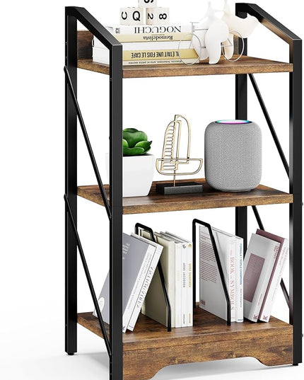Vagusicc 3 Tier Bookshelf, Small Book Shelf Industrial Bookshelf, Wood Short Book Shelf Office Shelves with Metal Frame, Rustic Open Shelf Storage Organizer Bookcase for Living Room Bedroom, Brown - LeafyLoom