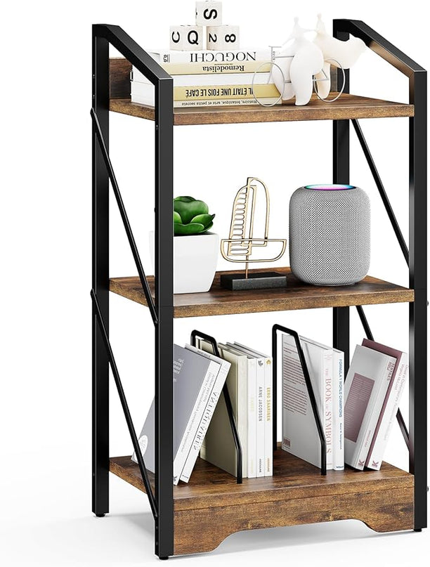 Vagusicc 3 Tier Bookshelf, Small Book Shelf Industrial Bookshelf, Wood Short Book Shelf Office Shelves with Metal Frame, Rustic Open Shelf Storage Organizer Bookcase for Living Room Bedroom, Brown - LeafyLoom