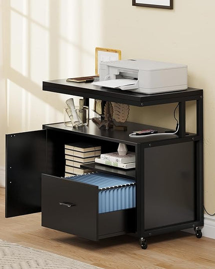 YITAHOME Wood File Cabinet with Charging Station, Rolling Filing Cabinet Cart with Door, Industrial Nightstand with Printer Shelf for Home Office, Bedroom, Living Room, Entryway, Black - LeafyLoom