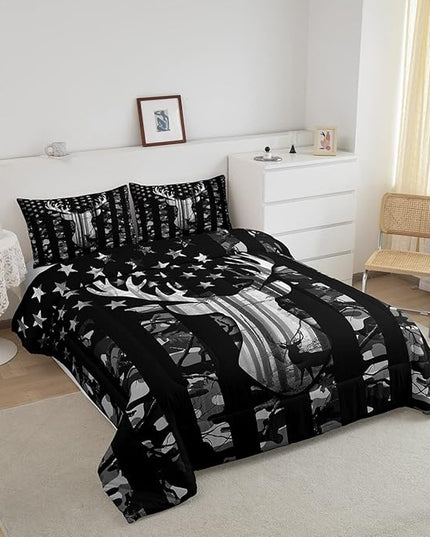 Black Grey Camo Comforter Set Queen,Camouflage American Flag Bedding Set, Deer Antlers Silhouette Quilt Set 3 Pcs for Kids Teens Adults Room Decor,Wild Animal Natural Duvet Insert with 2 Pillowcases - LeafyLoom