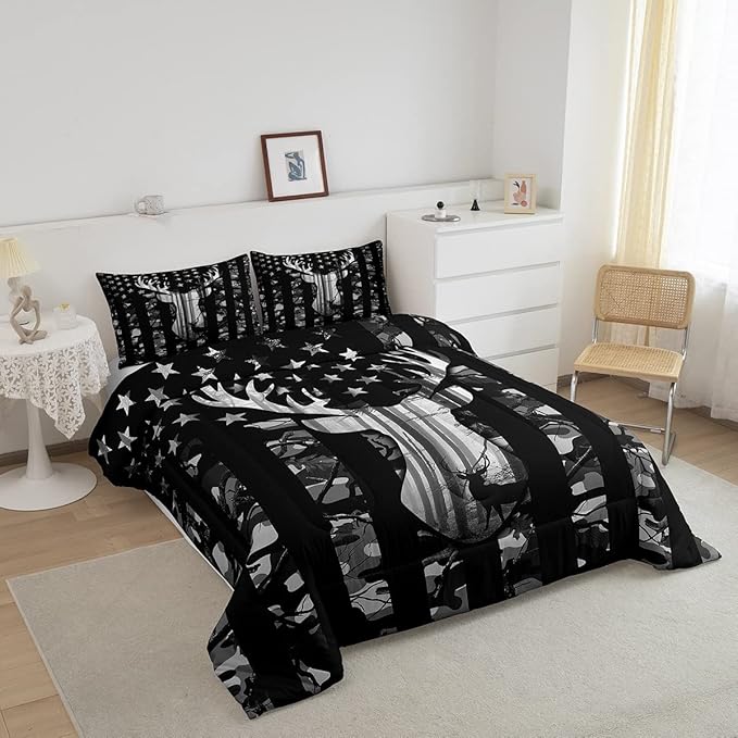 Black Grey Camo Comforter Set Queen,Camouflage American Flag Bedding Set, Deer Antlers Silhouette Quilt Set 3 Pcs for Kids Teens Adults Room Decor,Wild Animal Natural Duvet Insert with 2 Pillowcases - LeafyLoom