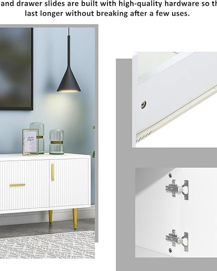67 Inch TV Stand, Modern Television Stands with 2 Drawers and 2 Cabinets, Stylish Entertainment Center with 5 Champagne Legs for Living Room and Bedroom, White - LeafyLoom