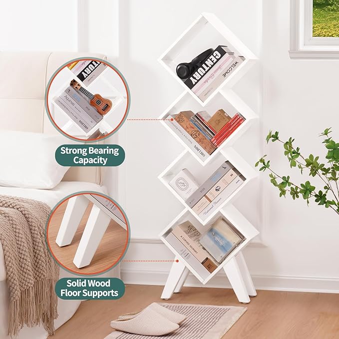 Yoobure White Bookshelf, Wood Small Bookcase 4-Tier Book Shelf, Tall Bookcases Book Organizer, Modern Bookshelves Floor Standing for CDs/Books in Small Spaces, Living Room, Home Office, Bedroom - LeafyLoom