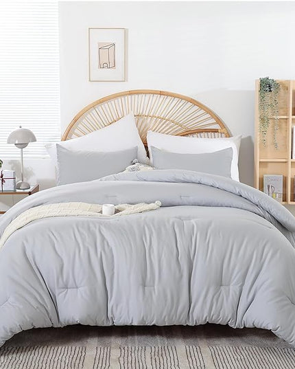Light Grey Comforter Set King Size - 3 Pieces Lightweight Grey Solid Bedding Set - All Season Fluffy Microfiber Bed Set (1 Comforter, 2 Pillowcases) - LeafyLoom