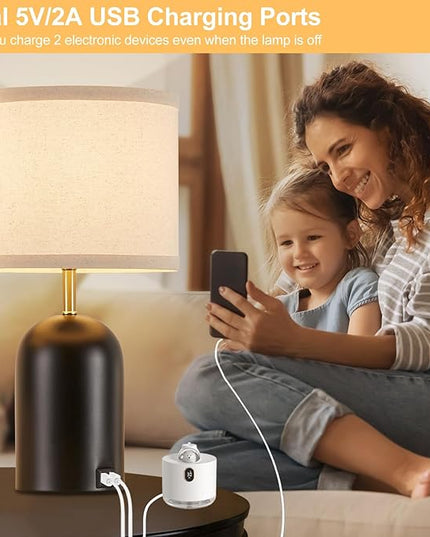 Touch Control Table Lamps Set of 2, Modern Bedside Lamp with 2 USB Ports, 3-Way Dimmable Gold and Black Nightstand Lamp with Fabric Shade for Living Room Bedroom Office Dorm(LED Bulbs Included) - LeafyLoom