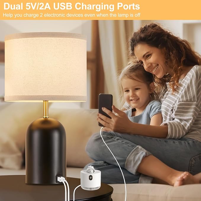 Touch Control Table Lamps Set of 2, Modern Bedside Lamp with 2 USB Ports, 3-Way Dimmable Gold and Black Nightstand Lamp with Fabric Shade for Living Room Bedroom Office Dorm(LED Bulbs Included) - LeafyLoom
