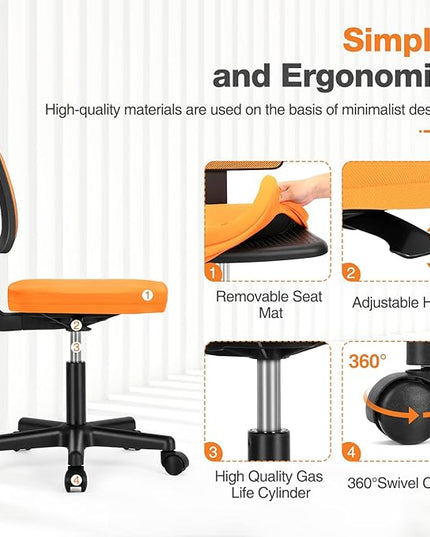 Armless Small Home Office Desk Chair, Ergonomic Low Back Computer Chair, Adjustable Rolling Swivel Task Chair with Lumbar Support for Small Space, 1 Pack, Orange - LeafyLoom